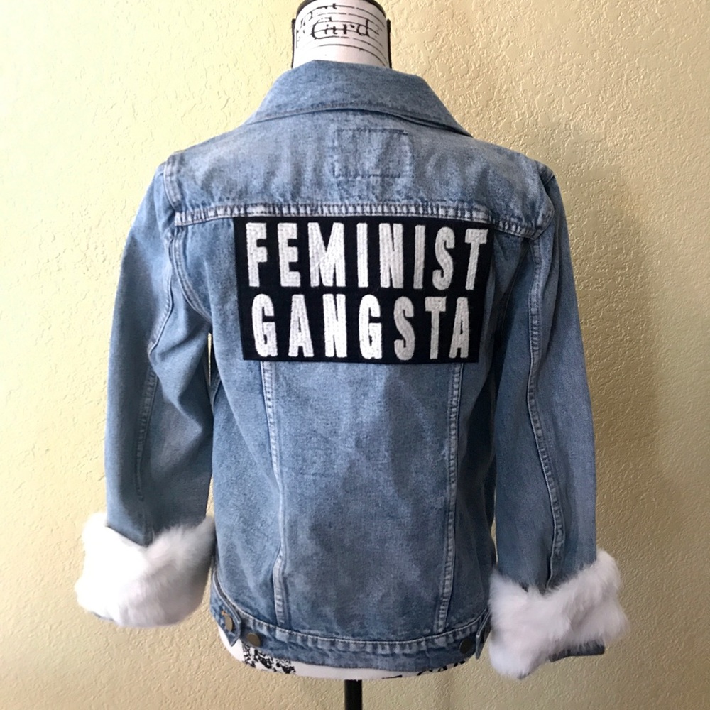 PAM & GELA Denim Jacket w/Genuine Rabbit Fur Trim